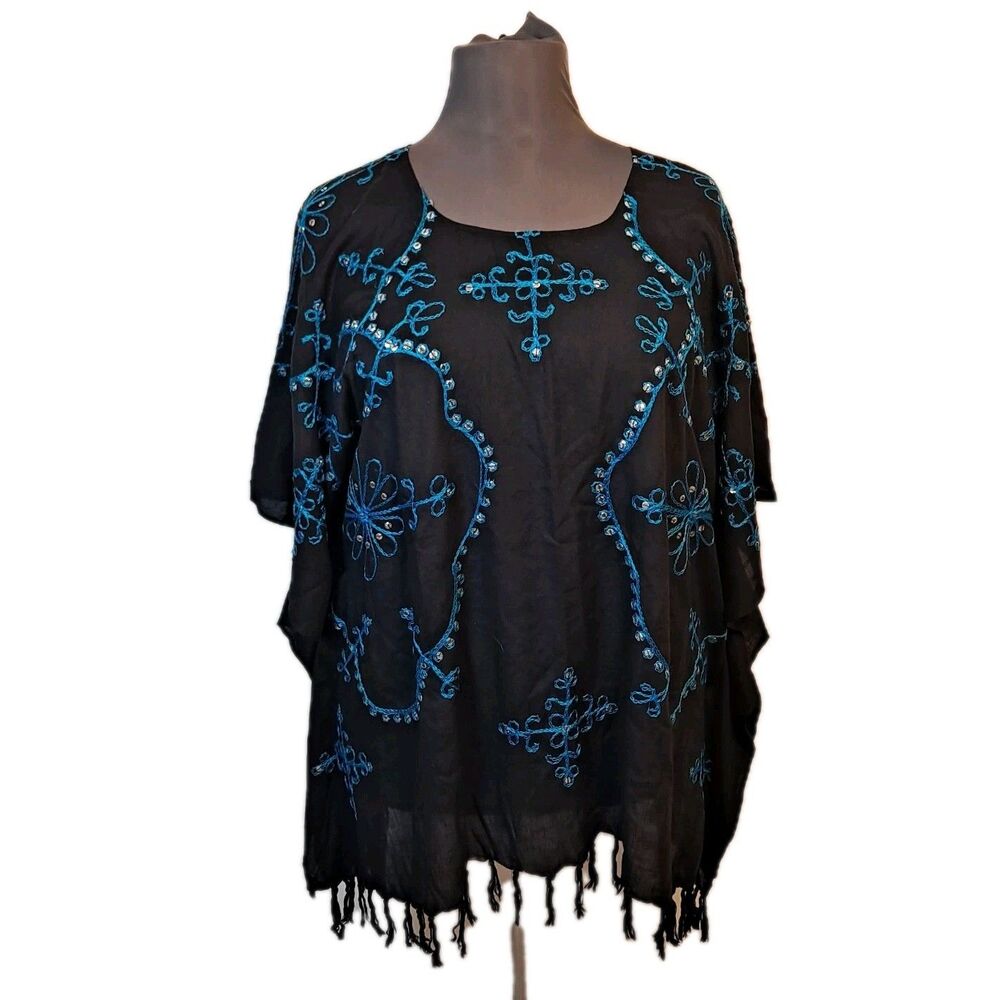 Pareos Del Mar Kimono Swim Cover Up Black Turquoise Embroidery Sequin Fringe OS